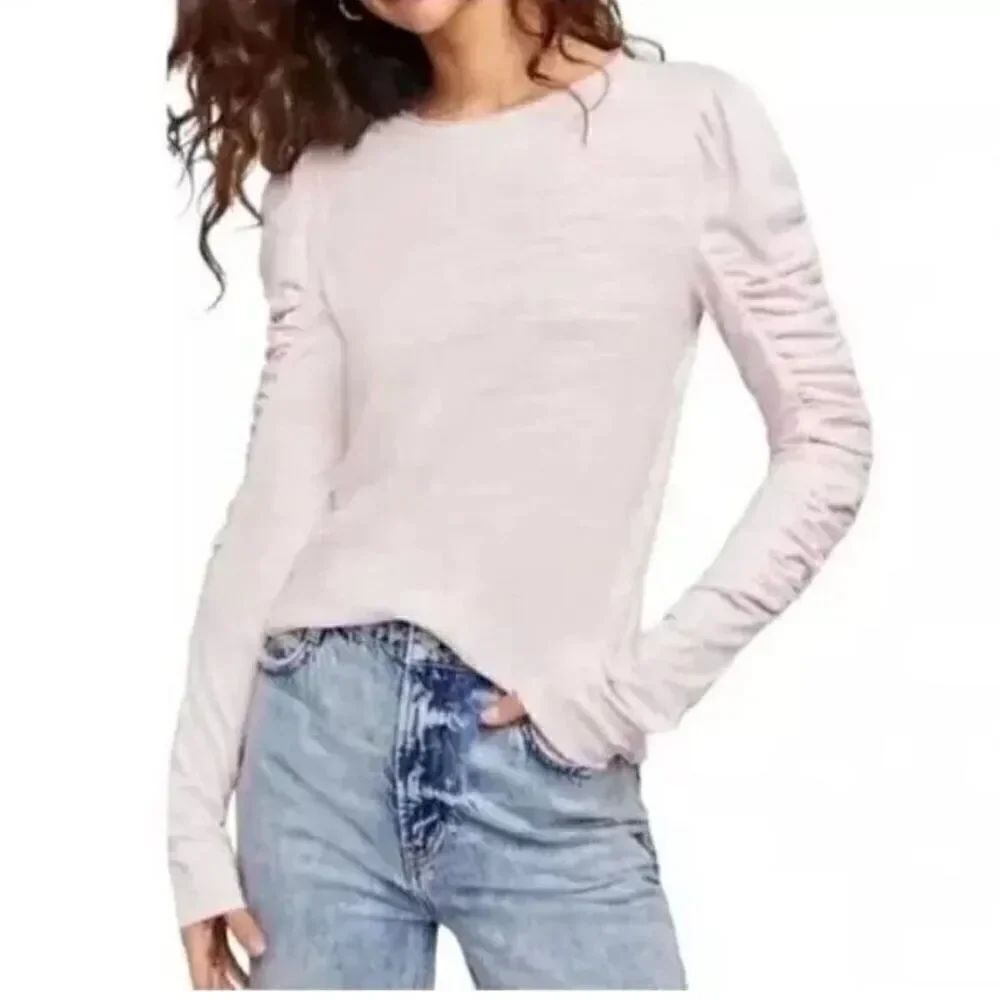 FREE PEOPLE We The Free Natasha Ruched Long Sleeve Top in Blush Pink Small